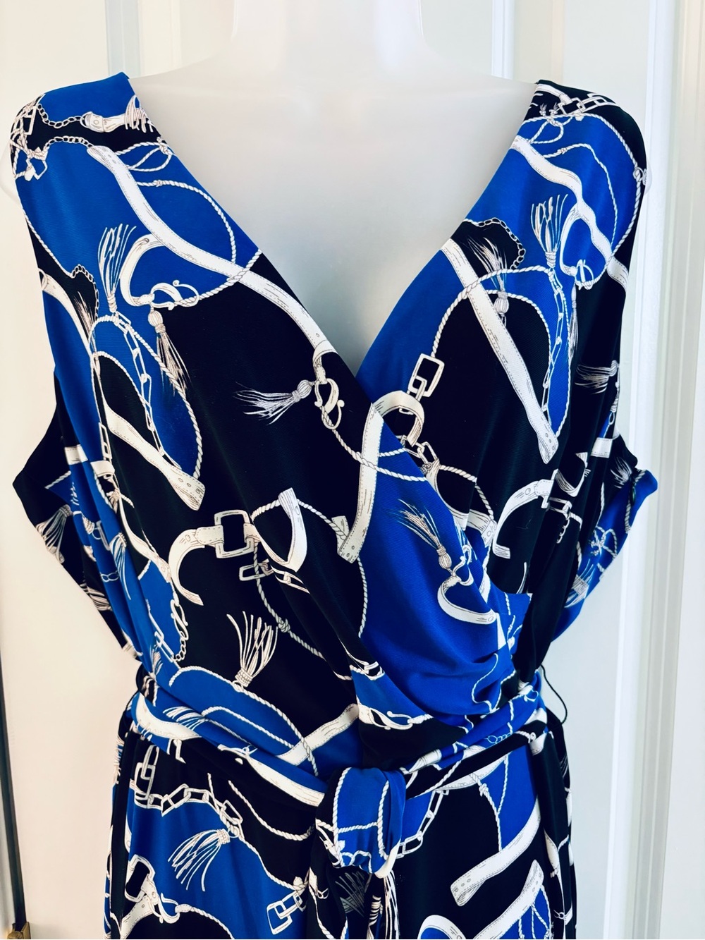 Lauren Ralph Lauren Dress Black Blue White Chain-Print Wrap Midi tie belt sz 16 - Picture 5 of 9